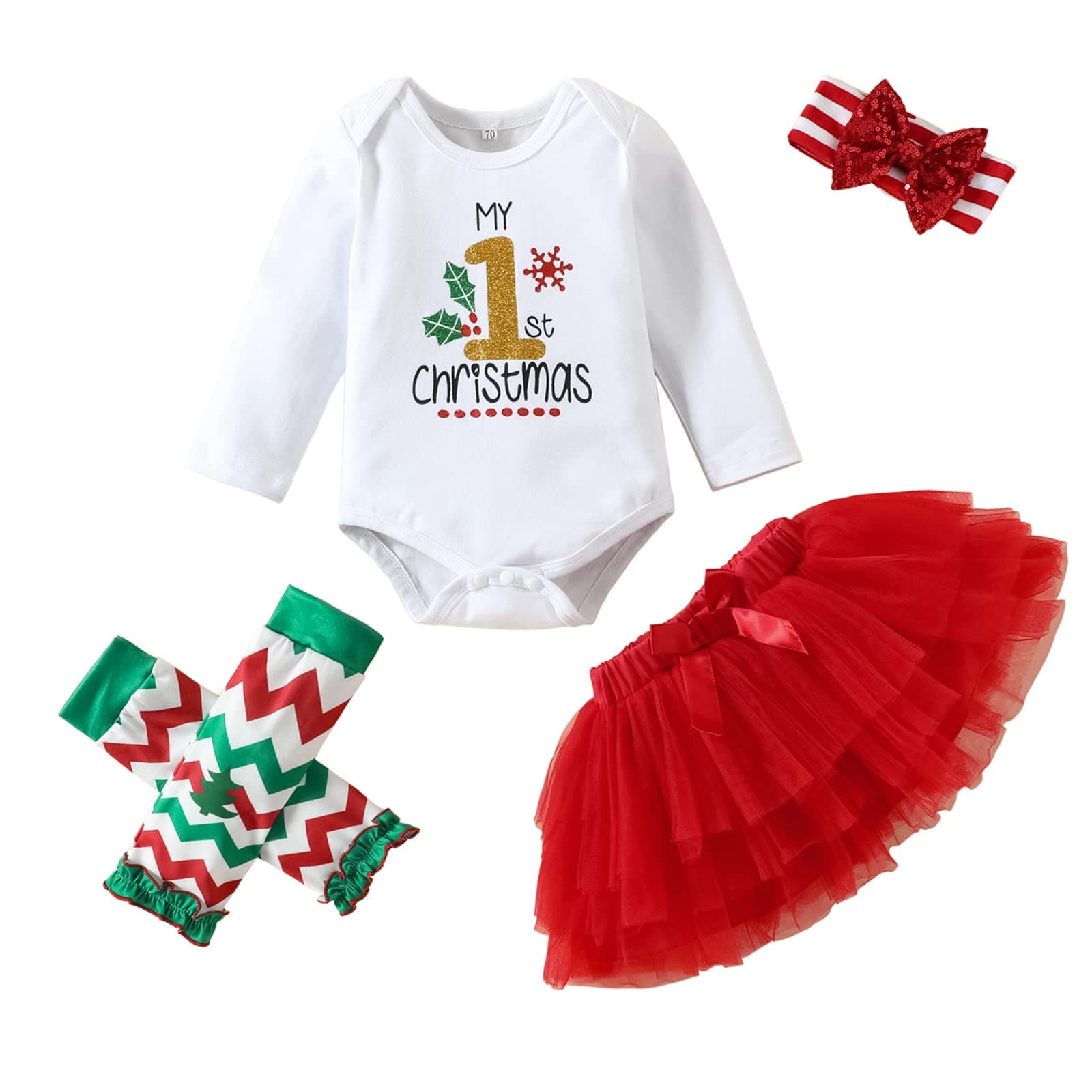 SinhoonBaby Girls Christmas Skirt Set Baby Girl My 1st Christmas Romper + Tutu Skirt + Leg Warmers + Headband 4Pcs Outfits