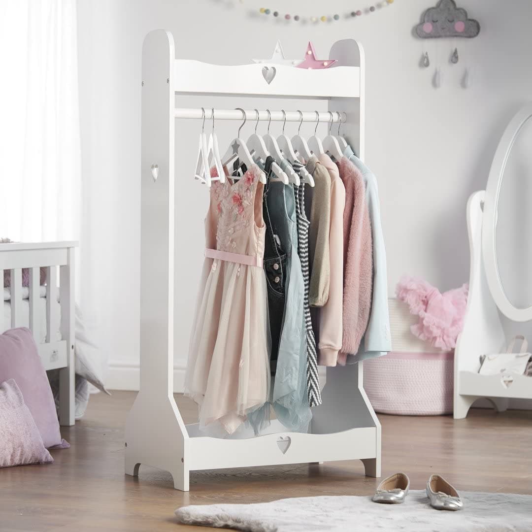 Haus Projekt Kids Clothes Rail (Age 3-8yrs), Dress Up White Kids Wardrobe for Bedroom, Hand Made Childrens Dressing up Rail with Storage, Girls and Boys Gift, Children Bedroom Furniture