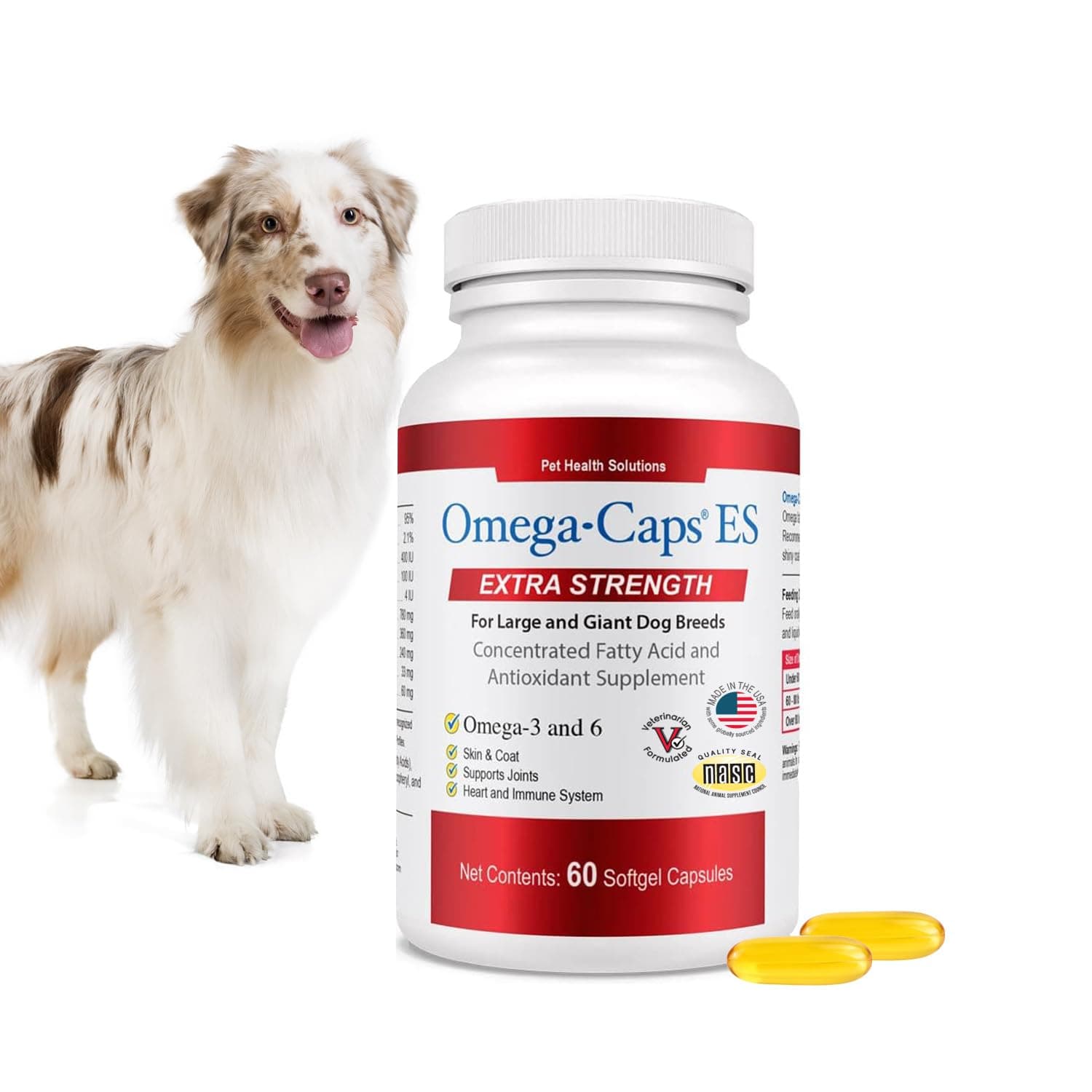Omega Caps ES Extra Strength for Large and Giant Dogs Omega-3 and Omega-6 Fatty Acid Antioxidant Supplement Vet Formulated Made in USA Skin Coat Joint Heart and Immune Health 60 Softgel Capsules