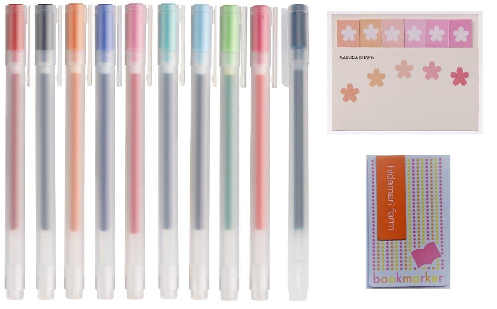 Moma MUJI Gel Ink Ballpoint Pens 0.5mm [10 colors SET] + Sakura Sticky notes + hidamarifarm original Magnetic Bookmarks bookmarker Memo magnet