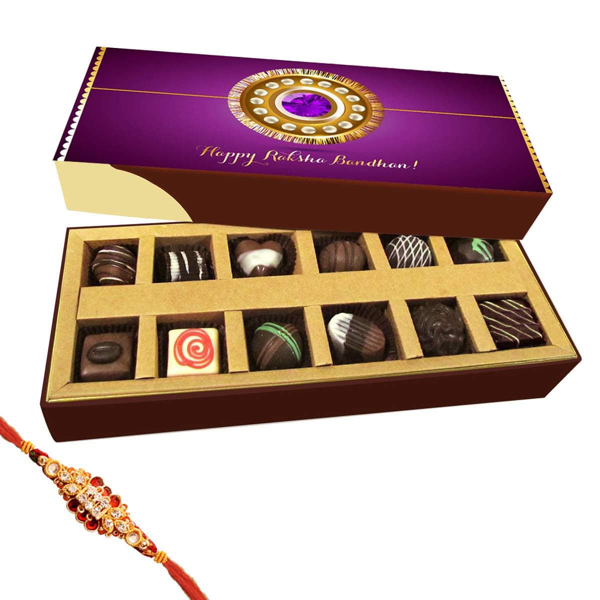 Chocholik Rakhi Gift Box - Happy Raksha Bandhan - Milk, Dark, White Chocolate Truffles - 12pc with Rakhi