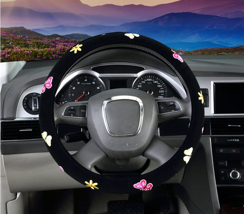 Mayco Bell Automotive Women Embroidery Cute Car Steering Wheel Cover (Butterfly)