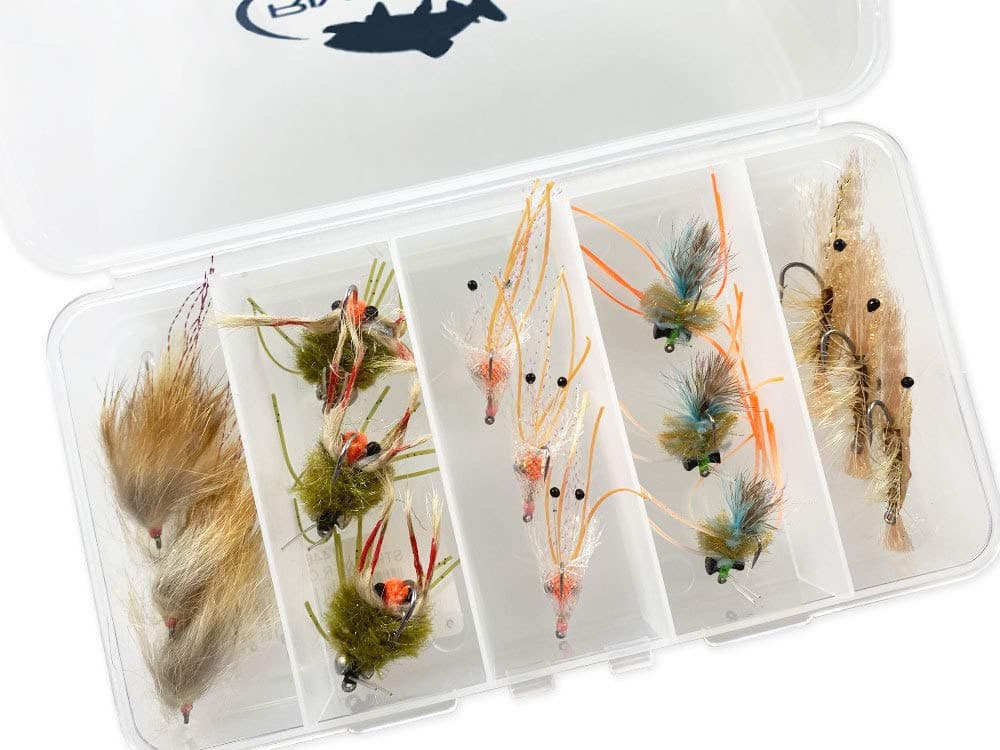 RiverBum Redfish Flies Assortment Kit with Fly Box, Crazy Charlie, Assorted Shrimp and Crab Flies for Fly Fishing - 15 Piece