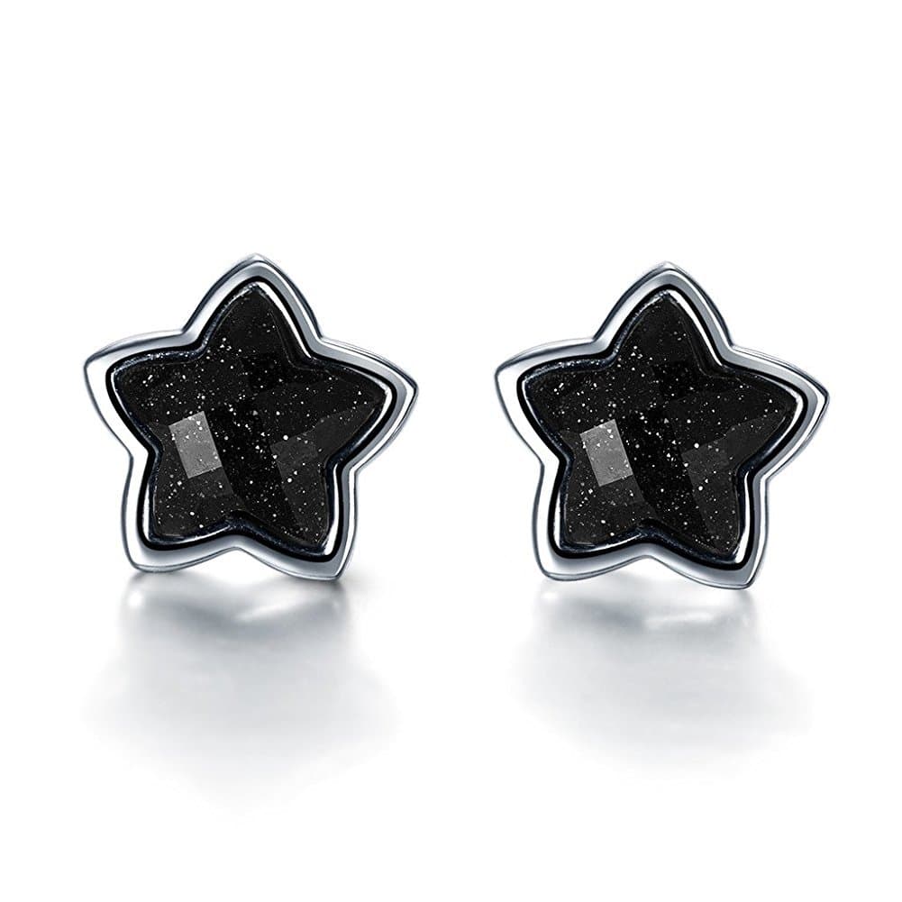 SILVERAGE Sterling Silver 925 Galaxy Star Stud Earrings Dark Blue Synthetic Aventurine Silver Earrings For Women (Black) (Black Star)