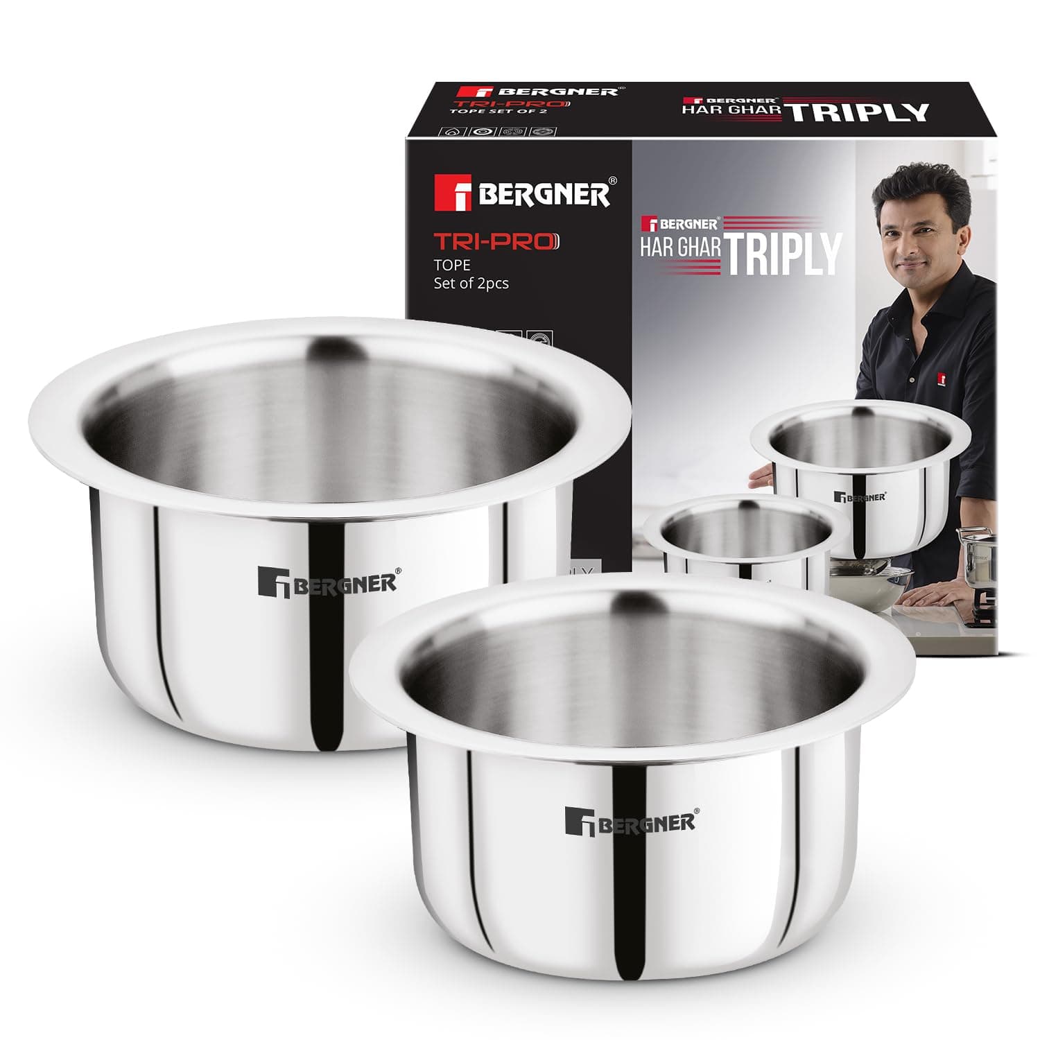 Tripro Triply Stainless Steel 2 Pcs Tope Set, Stainless Steel 14cm / 1.3 L and 16cm / 1.9 L Tope Set, Less Oil Use for Health Cooking, Even Heat Distribution, Easy to Clean - Induction Bottom