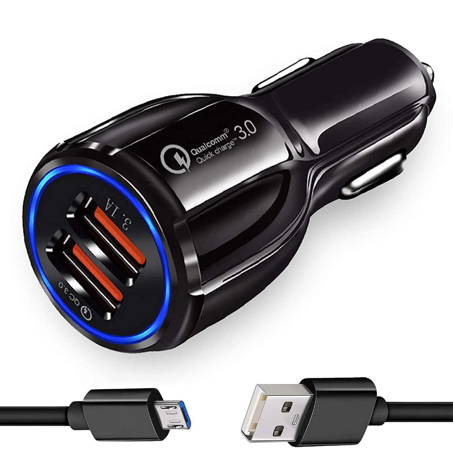 GoSale Car Charger for Blackberry Curve 9320, Blackberry Classic, Blackberry Bold Touch 9900, Blackberry Porsche Design P9983, Blackberry 9720, Bold 9790, Curve 9360 Car Charger Adapter | High Speed Rapid Fast Quick Charge 3.0 Dual USB Port Car Mobile Charger With 1 Meter Micro USB Fast Charging Cable (3.1 Amp, QC-4, Multi)