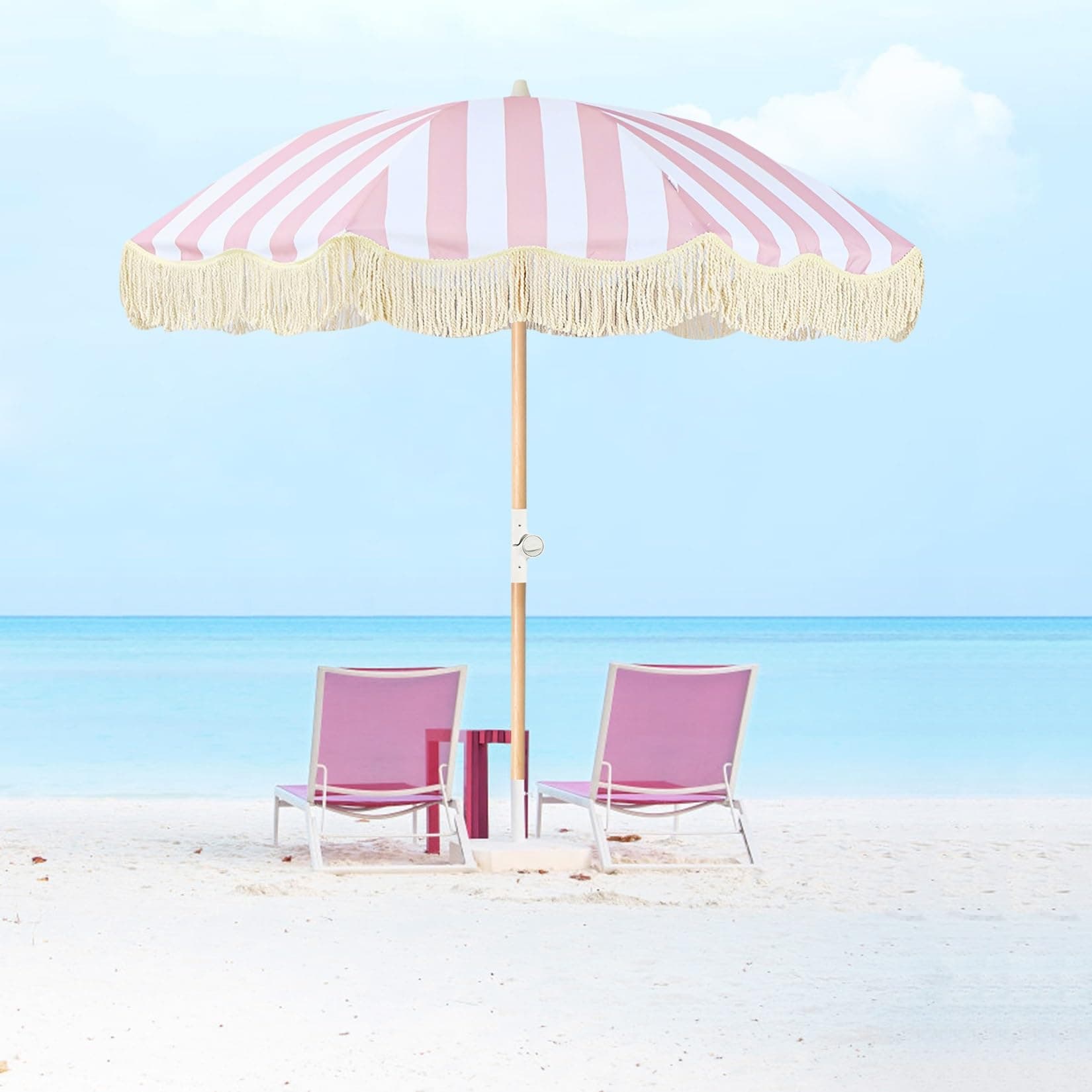 6ft Pink Striped Beach Umbrella Outdoor Patio Umbrella With Fringe UPF50+ Boho Umbrella Wood Pole Tassel Umbrella With Tilt Table Umbrella Windproof Portable Umbrella With Carry Bag For Garden Pool