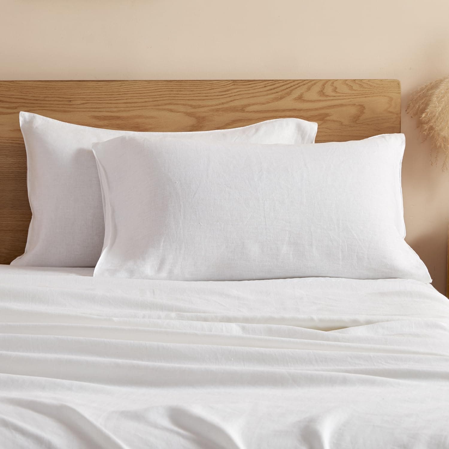DAPU 100% French Linen Pillowcases of 2 King Size Stone Washed-Ultra Soft, Breathable and Durable (White, 20''x40'')