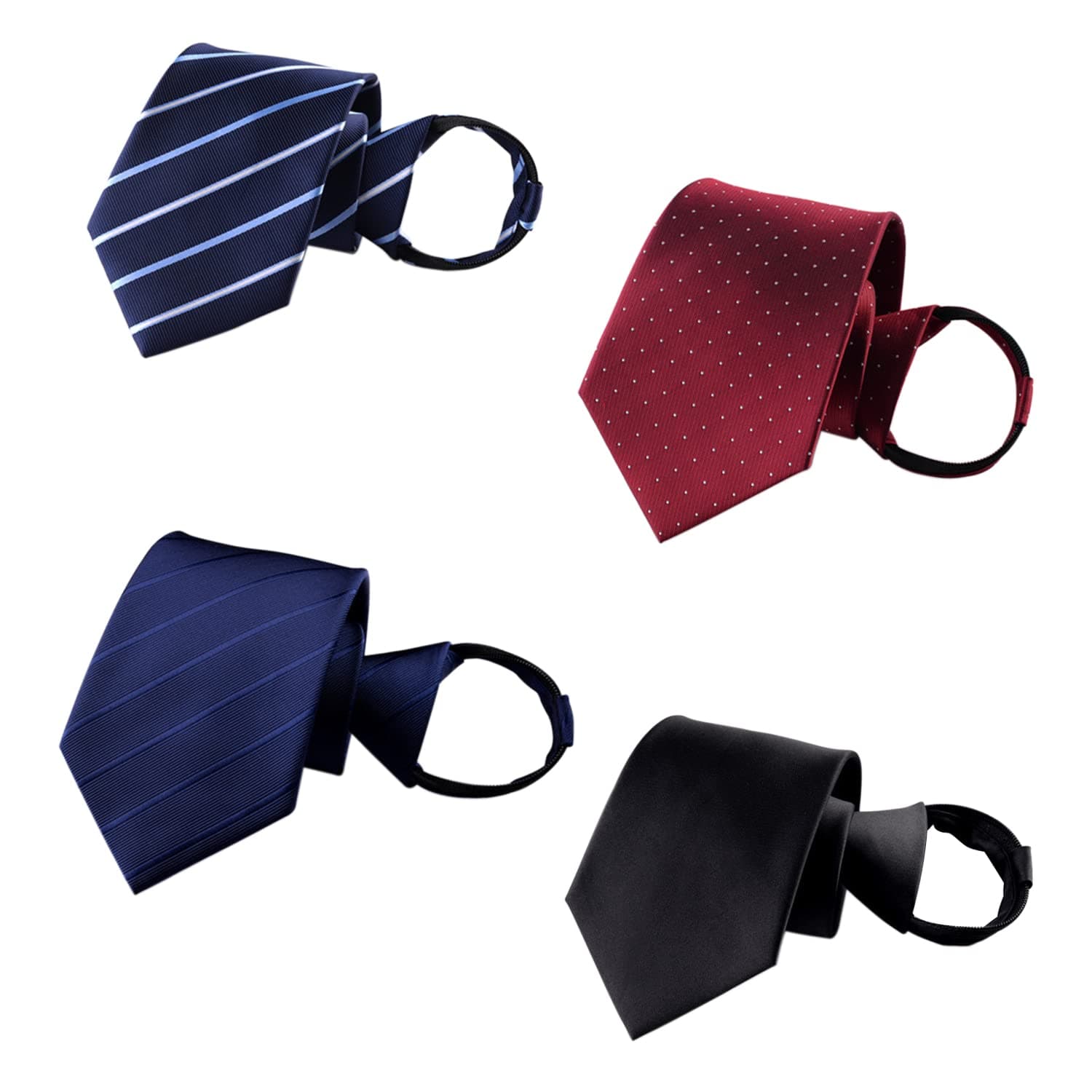 4PCS Zipper Ties Set for Men 48X8 CM Adjustable Men's Pretied Neckties Zip on Tie for Men Zipper Skinny Necktie Clip on Slim Tie Blue Black Red