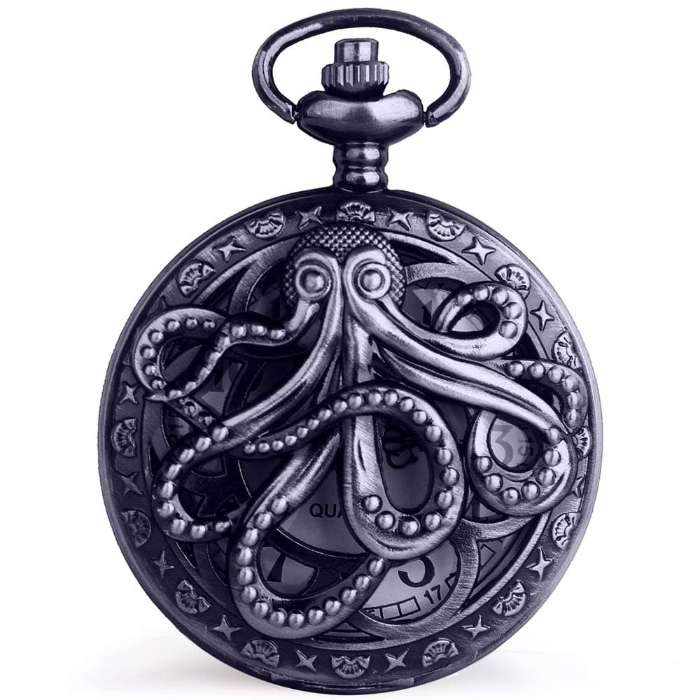 Vintage Octopus Hollow Quartz Pocket Watch Steampunk Black Pocket Watch with Necklace Chain