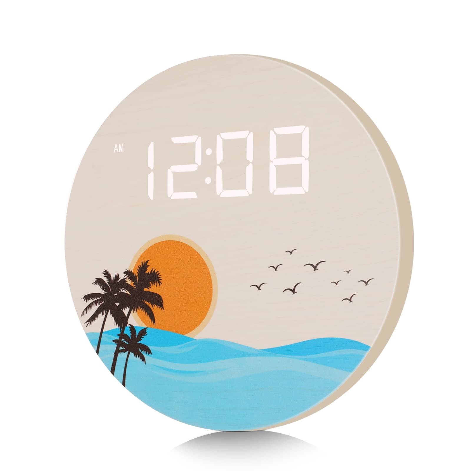 USB Plug in Digital Wall Clock, Sunset Ocean Wave Design, 12/24Hr Wall Mounted Digital Clock, LED Wooden Silent Wall Clock for Living Room Bedroom Classroom Office (10In Off White)