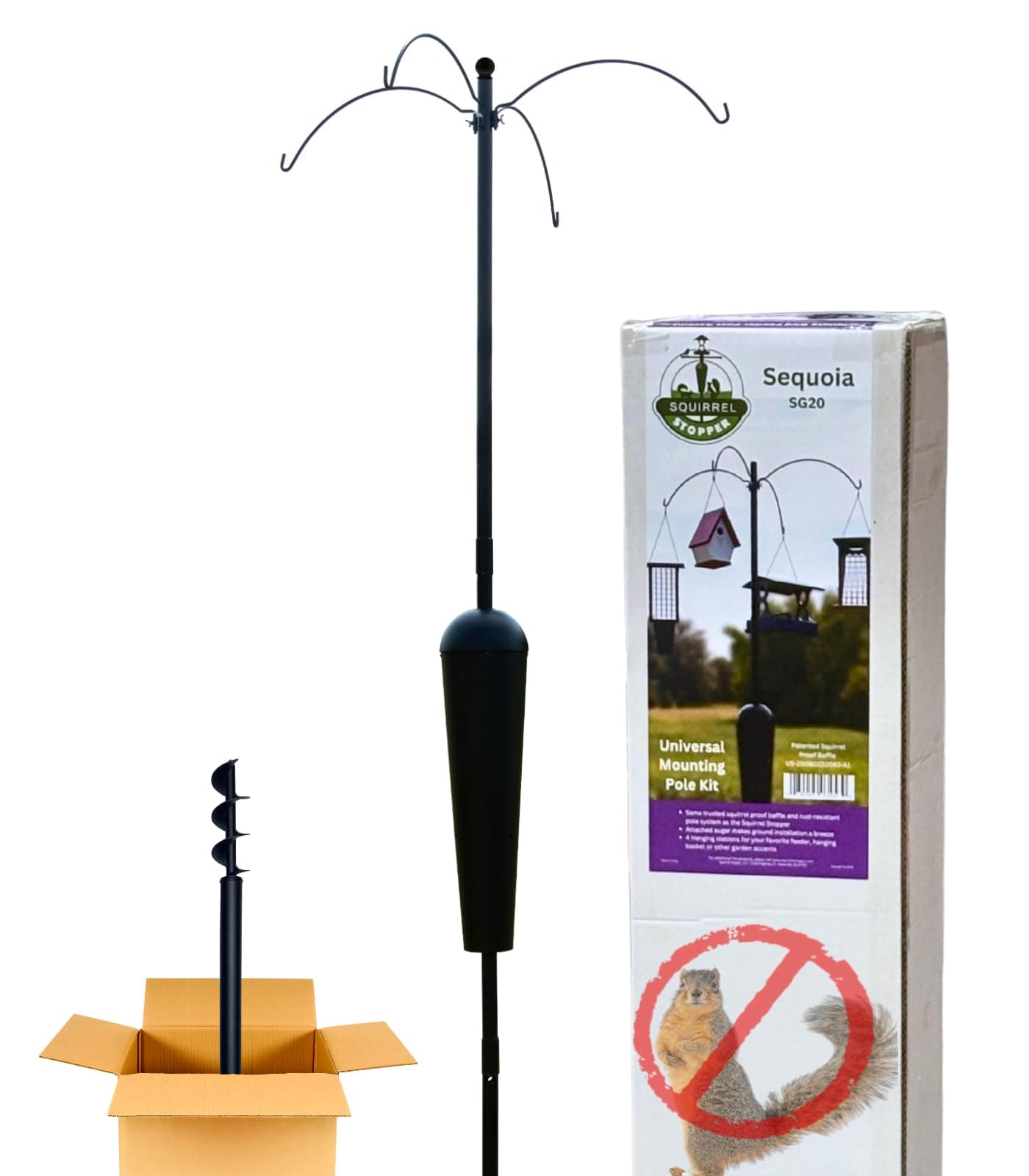 Sequoia Squirrel Proof Pole System with 4 Hanging Stations for Bird Houses, Bird feeders, Hanging Baskets, Wind Chimes and More. 1.25" Diameter Pole & 1" top is Rust Proof