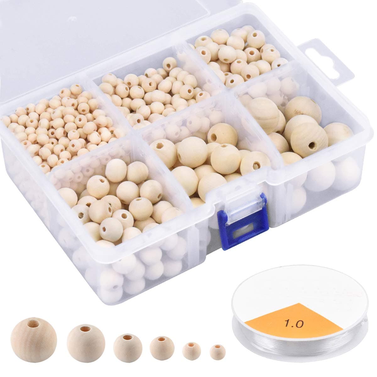 Kissral 1105pcs Wooden Beads (20mm, 16mm, 12mm, 10mm, 8mm, 6mm) for Crafting and Jewellery Making, Assorted for Kids Adults