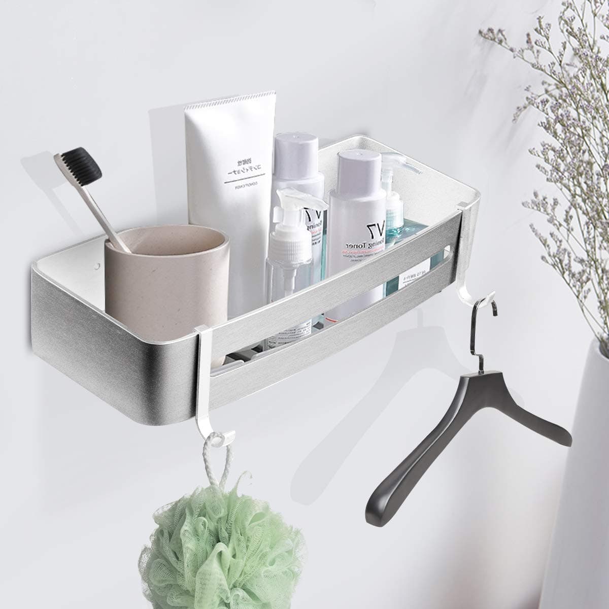 CORESLUX Bathroom Shelf Shower Caddy Basket Organiser Aluminum Alloy Rectangular Self Adhesive Wall Mounted Polished Finish Silver with 2 Detachable Hook