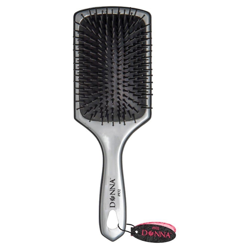 Donna Collection Large Metallic Silver Paddle Hair Brush, Black