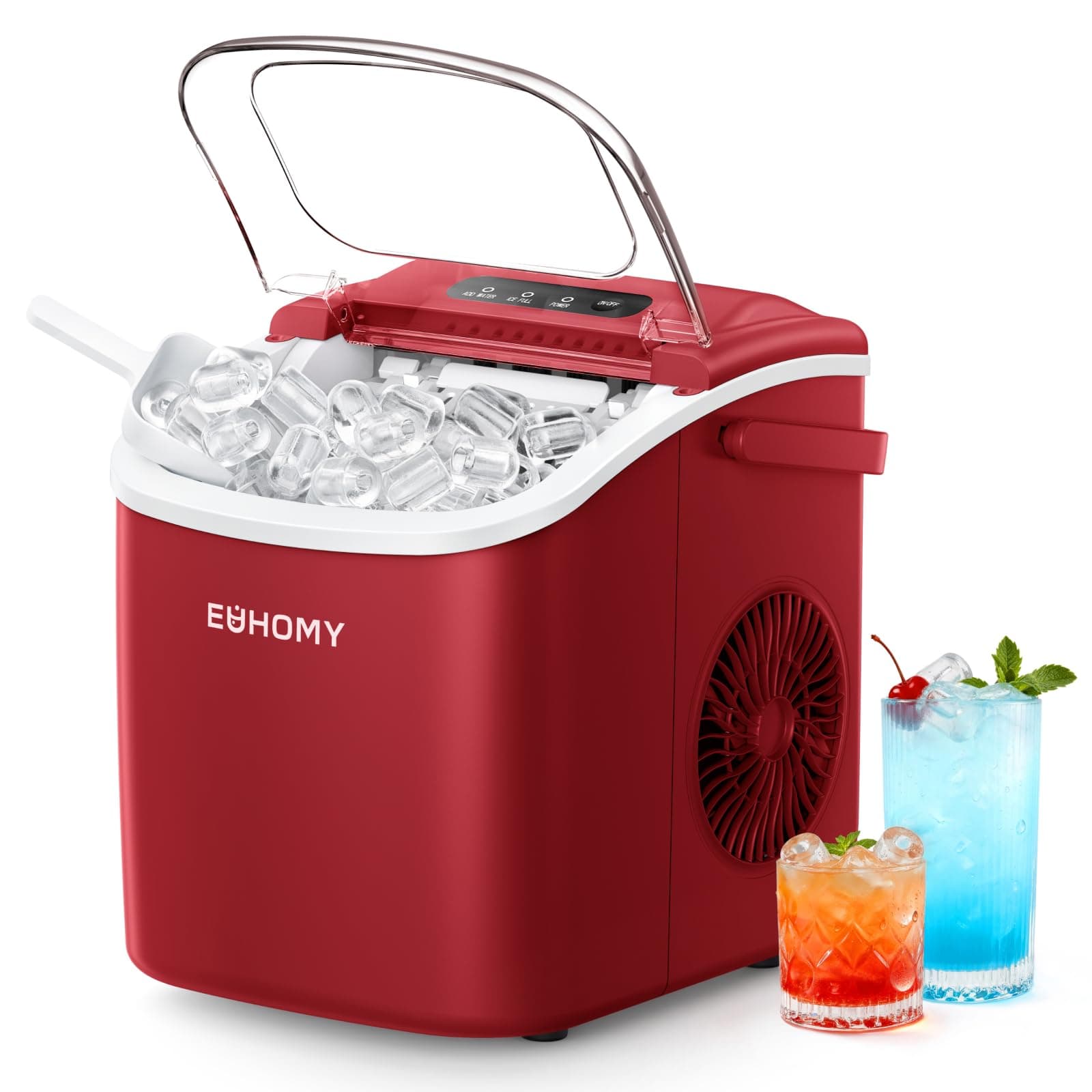EUHOMY Countertop Ice Maker Machine with Handle, 26lbs Per Day, 9 Ice Cubes Ready in 6 Mins, Auto-Cleaning Portable Ice Maker with Basket and Scoop, for Home/Kitchen/Camping/RV (Red)