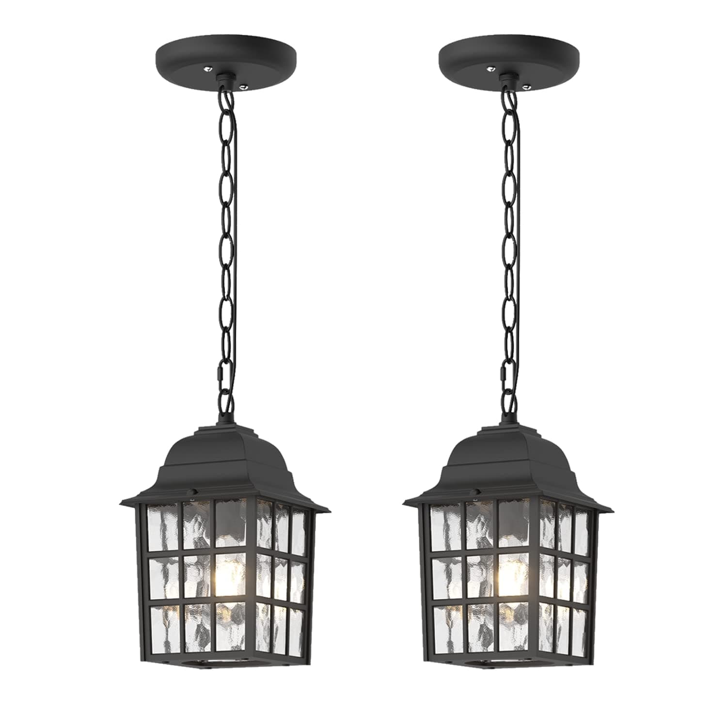 Outdoor Pendant Light 2 Pack, Exterior Ceiling Hanging Lantern Porch Light with Water Glass, 1-Light Outdoor Hanging Lantern Light Black Exterior Pendant Lighting Fixture for Porch