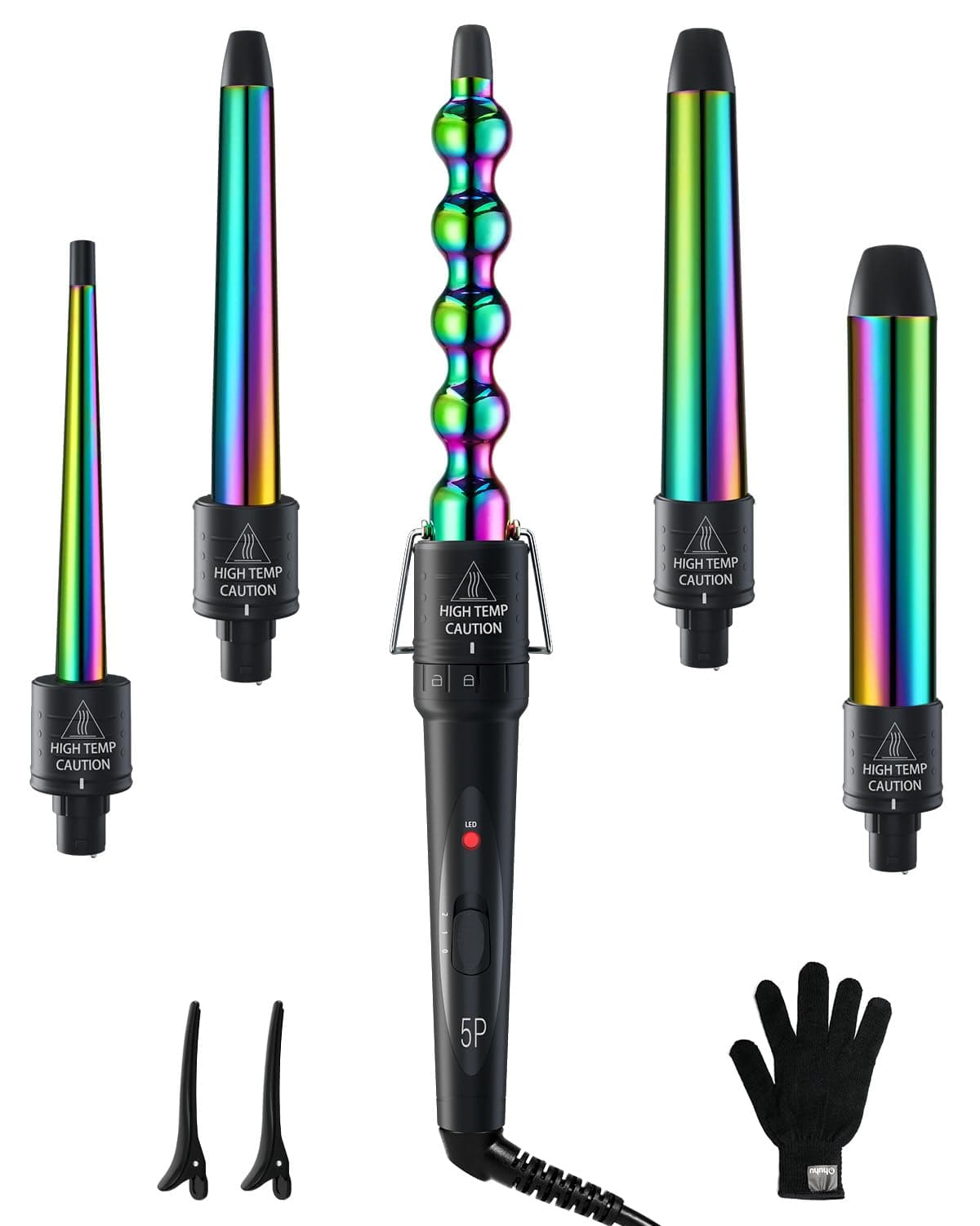 5 in 1 Curling Wand Set: Ohuhu Curling Iron Wand 5Pcs 0.35 to 1.25 Inch Interchangeable Ceramic Barrel Heat Protective Glove 2 Clips Dual Voltage Hair Curler Girls Women Valentine's Day Gift Rainbow