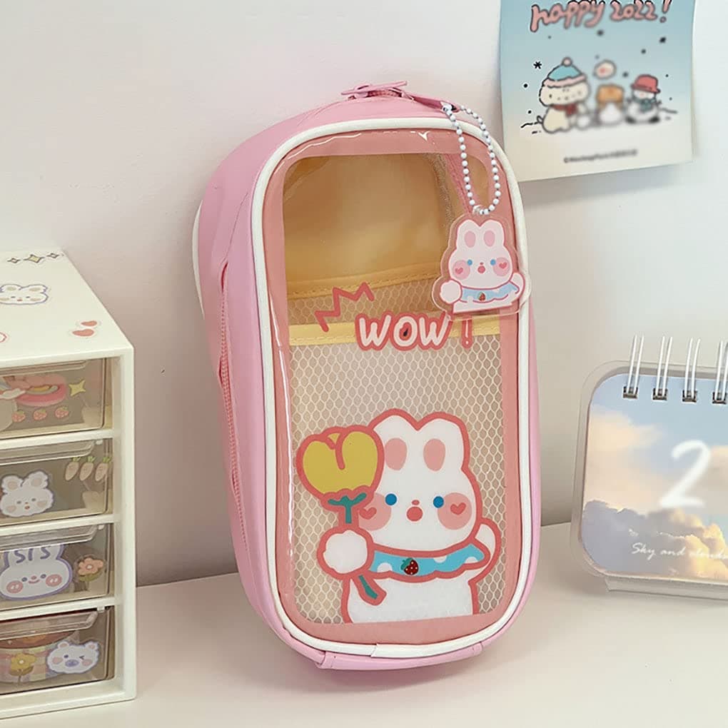 AONUOWE Kawaii Pencil Case Aesthetic Cute Pencil Case for Girls Clear Large Pencil Pouch Kawaii School Supplies for Teen Girls (Pink Bunny)