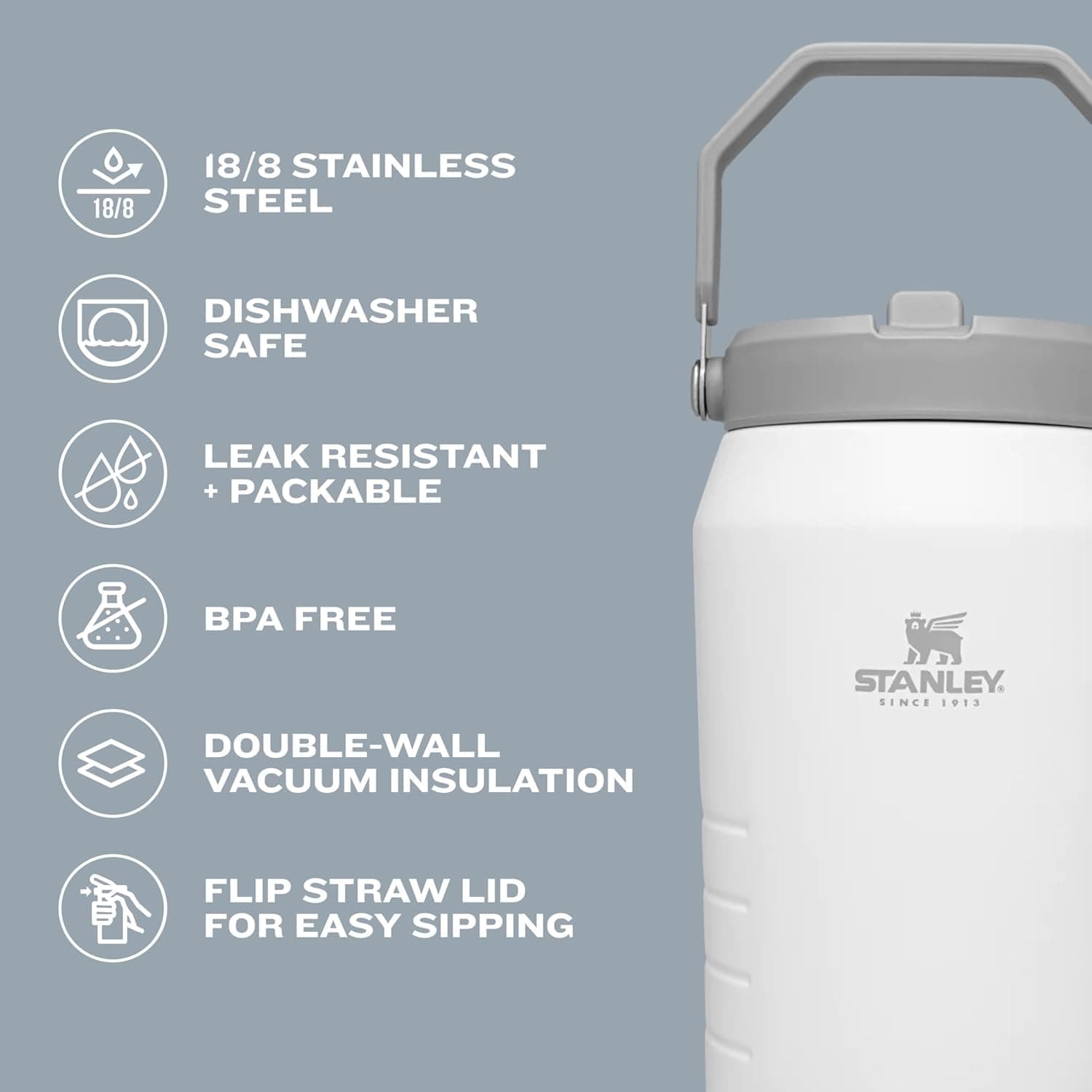 Stanley IceFlow 2.0 Flip Straw Jug with Handle 64 oz | Twist On Lid and Flip Up Straw | Leakproof for Travel and Sports | Insulated Stainless Steel |BPA-Free | Azure