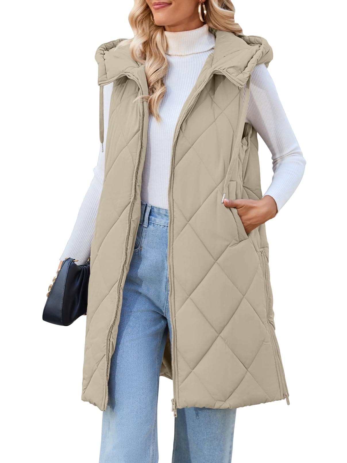MEROKEETY Womens Sleeveless Quilted Long Puffer Vest Hooded Full Zip Jacket Coats with Pockets