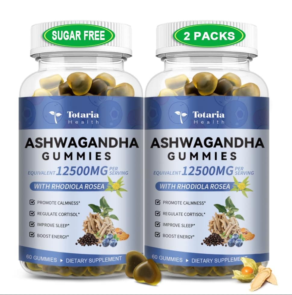 (2 Packs) Sugar Free Ashwagandha Filled Gummies w/Vitamin D3, Magnesium Glycinate, Rhodiola, Ultra Strength Ashwa Root Supplements for Women & Wen, for Relaxation, Energy, Cortisol Gummies