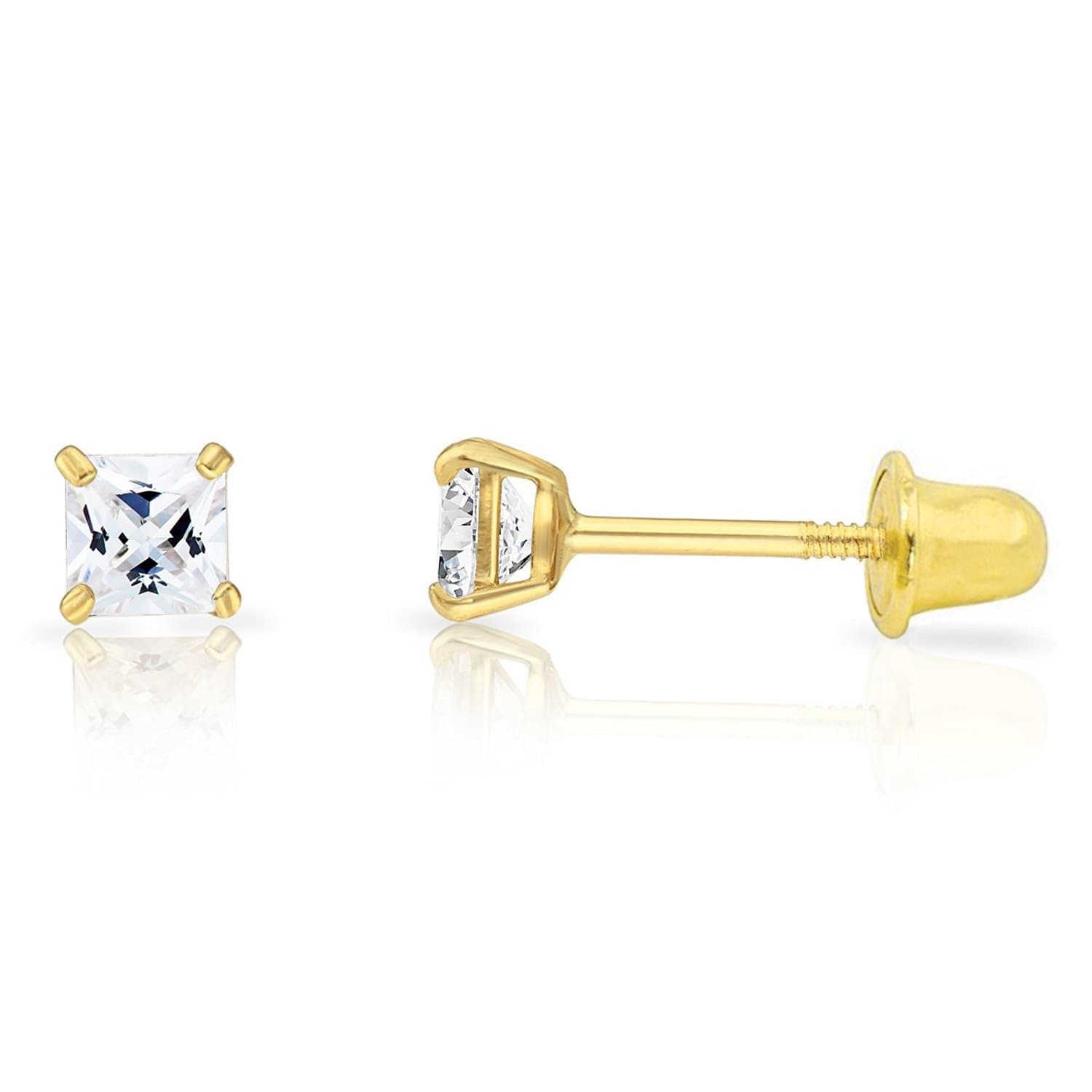 14k Yellow Gold 3MM Cubic Zirconia Princess Cut Stud Earrings with Screw Backs