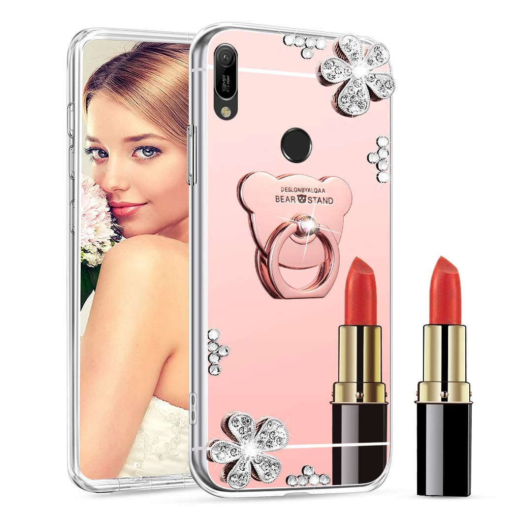 ISADENSER Y9 2019 Case Huawei Y9 2019 Case Ultra-Slim Glitter Bling Diamond Case Mirror Makeup Soft Cover with Ring Stand Holder for Huawei Y9 2019, Rose Gold Flower Bear TPU with Stand Holder