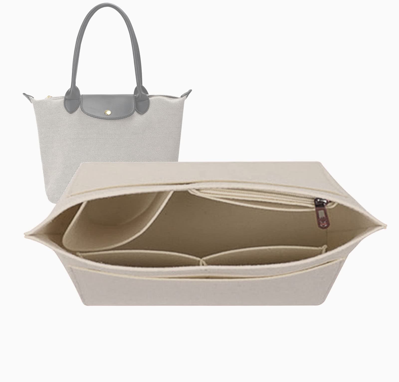 Lckaey tote bag organizer insert for Longchamp le pliage large tote insert felt purse zipper bag organizer 1028beige-S