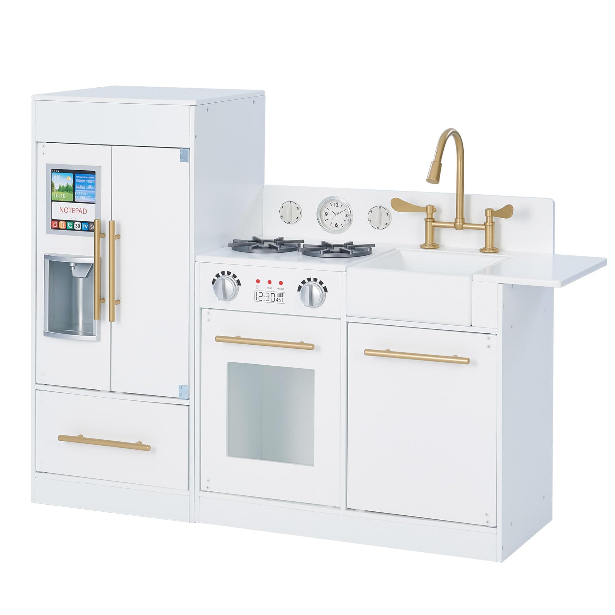 Little Chef Charlotte Modern Modular Interactive Wooden Play Kitchen with Refrigerator, Stove and Sink in White with Gold Finishes