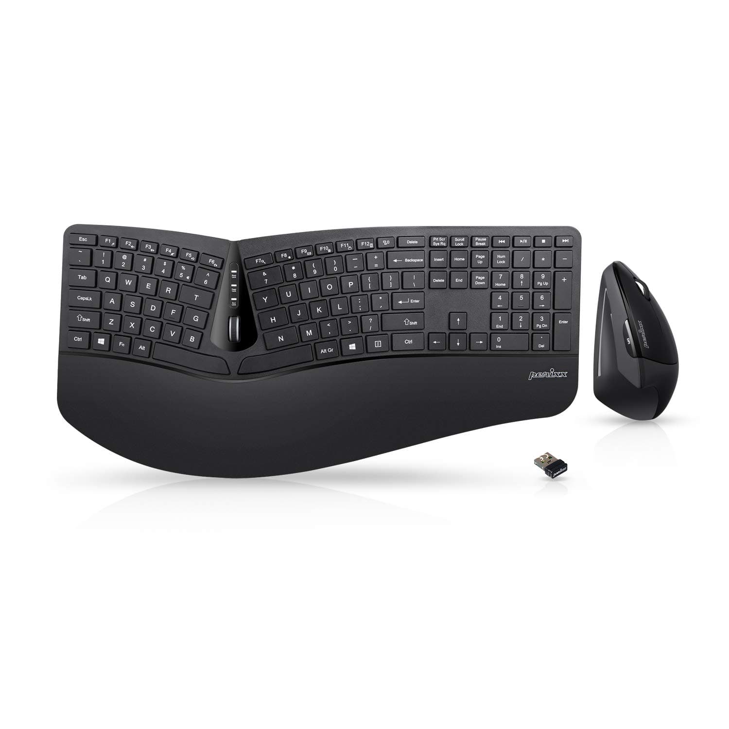 Periduo-605, Wireless Ergonomic Split Keyboard and Vertical Mouse Combo, Adjustable Palm Rest and Membrane Low Profile Keys, Black, US English Layout (11633)