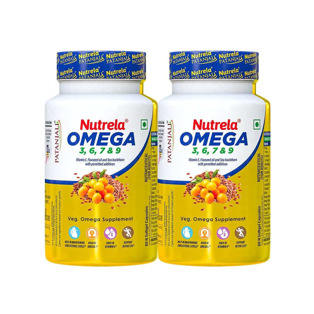 NUTRELA Patanjali Omega 3 6 7 9 vegetarian softgels - Pack of 60 Softgels (Pack of 2)