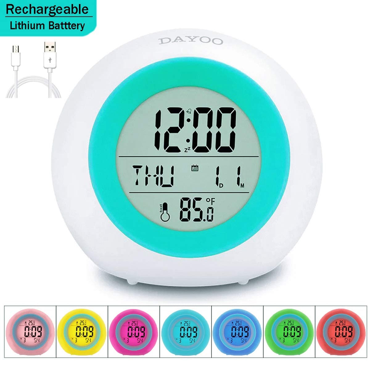 DAYOO Kids Alarm Clock, Newest Version with Rechargeable Lithium Battery, 7 color Changing Night Light, Snooze, Touch Control, Temperature for Children Bedroom, Digital Clock for kids girls boys gifts