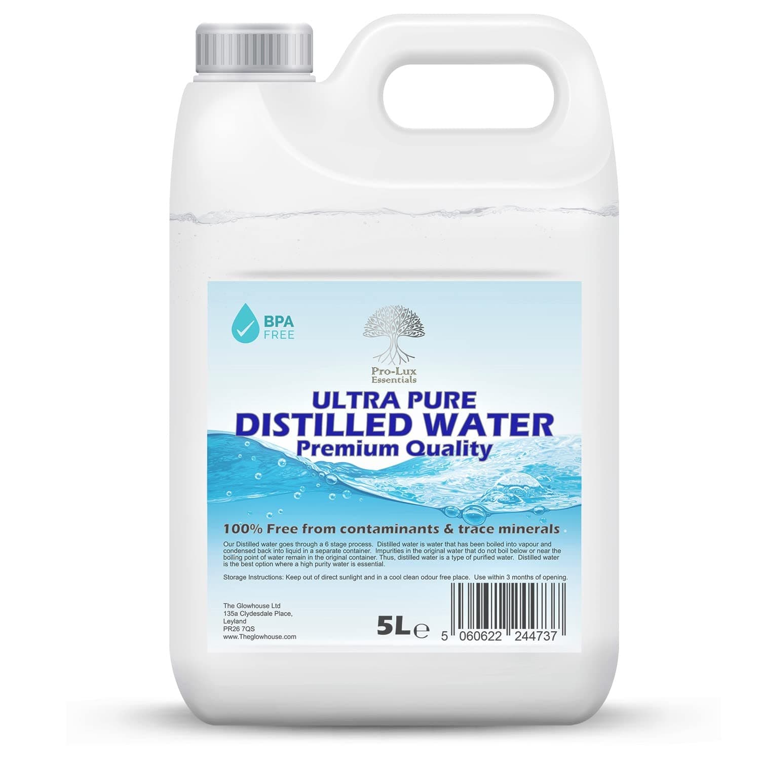 Distilled Water 100% Pure Premium Quality - Ideal for CPap, Irons, Humidifiers, Cleaning, Engines and more - Made in the UK (5 Litre)