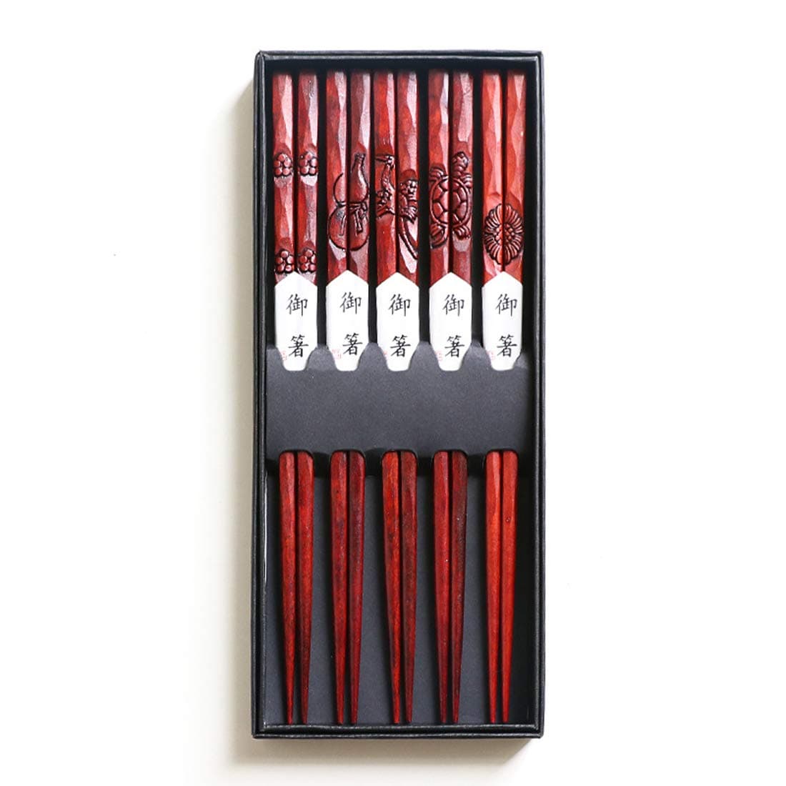 4 Pairs Natural Wooden Hand-engraved Chopsticks With 4 kinds of Pattern,Turtle,Flower,Crane,Geometry