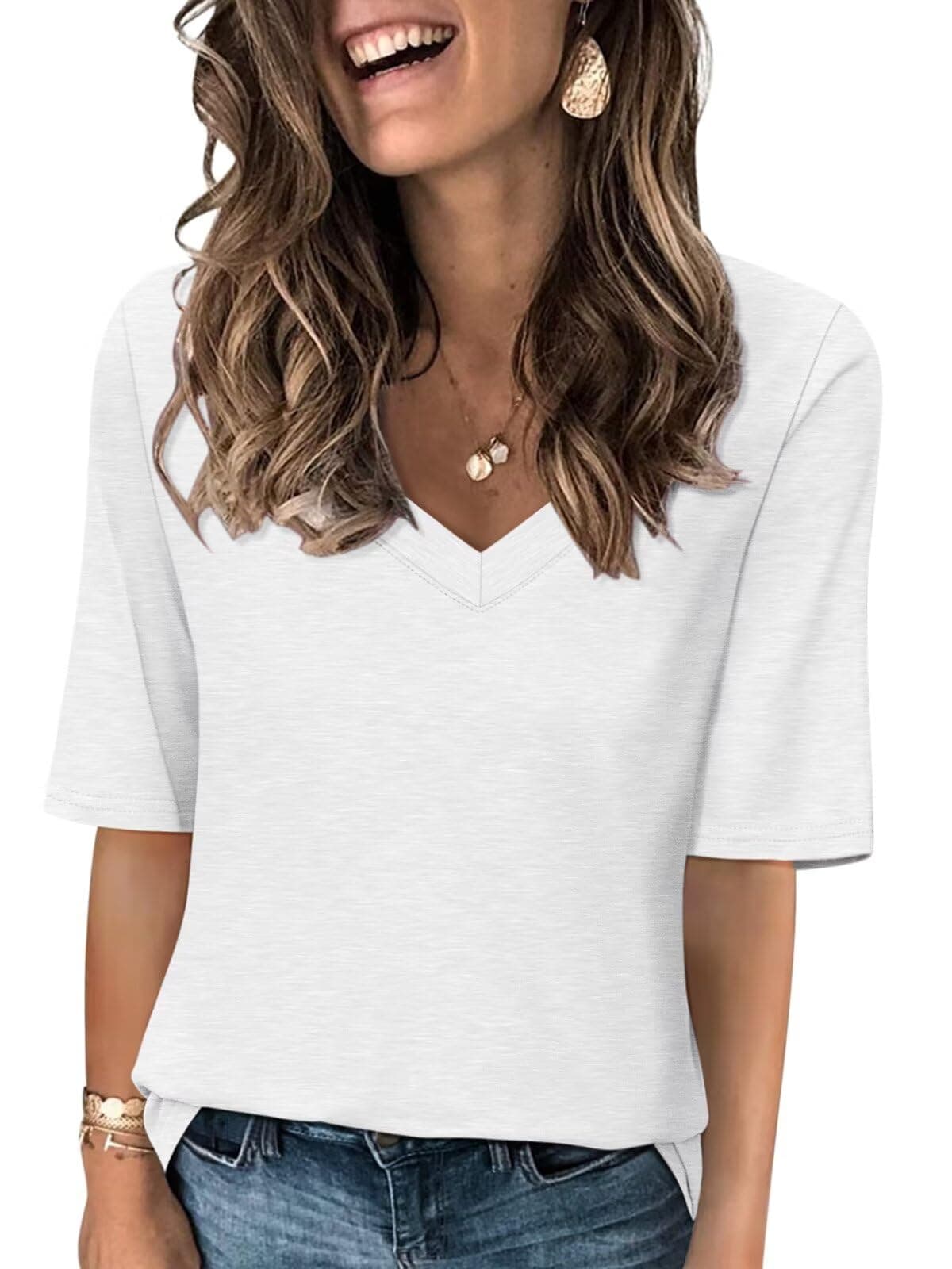 Women's V Neck T Shirts Half Sleeve Tops Casual Solid Summer Tees