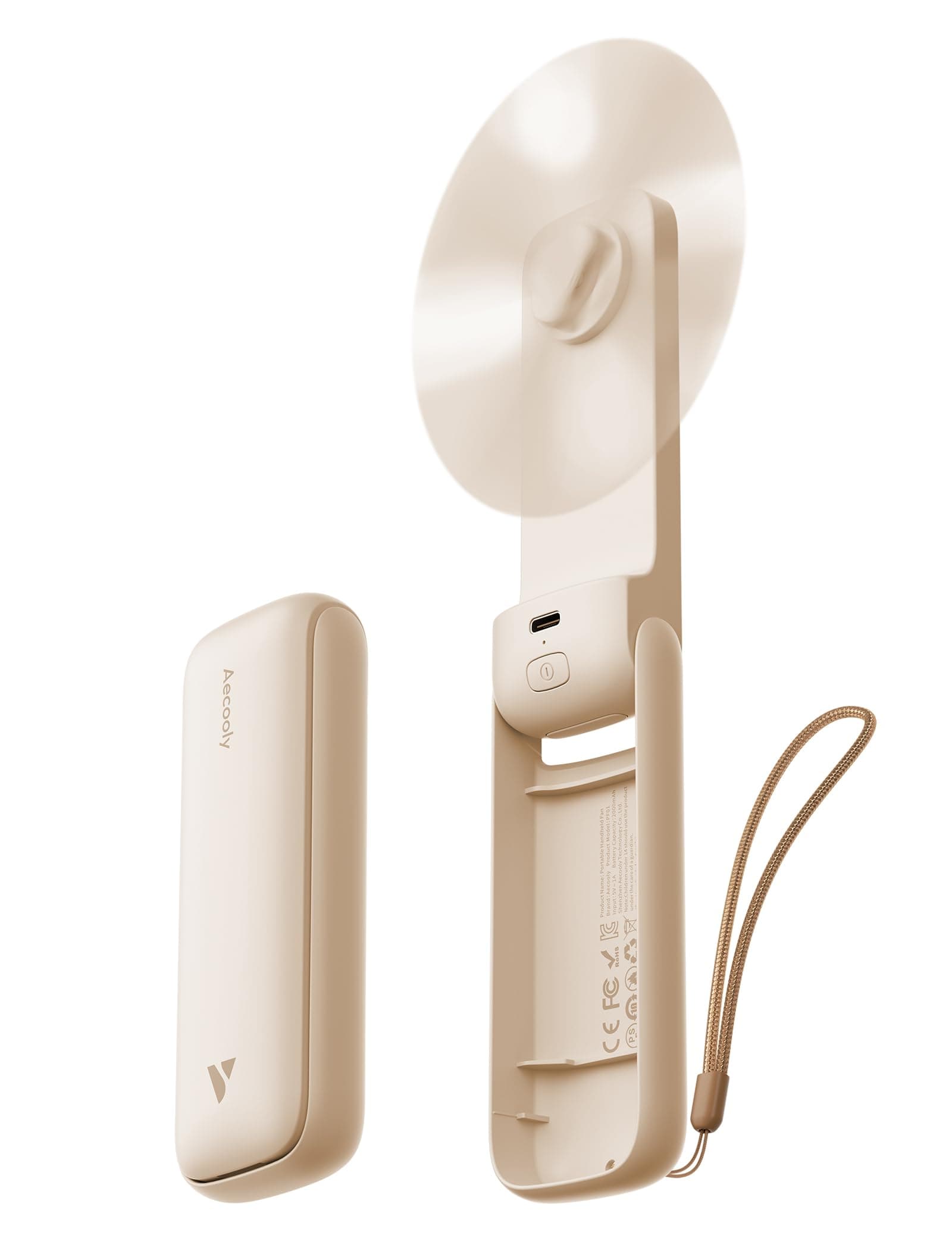 Aecooly Slim Portable Fan, Slim Handheld Fan, USB Rechargeable Mini Personal [Max Cooling Time 24 Hours] Battery Operated Small Folding Pocket for Travel, Summer, Women and Girls Gift - Beige