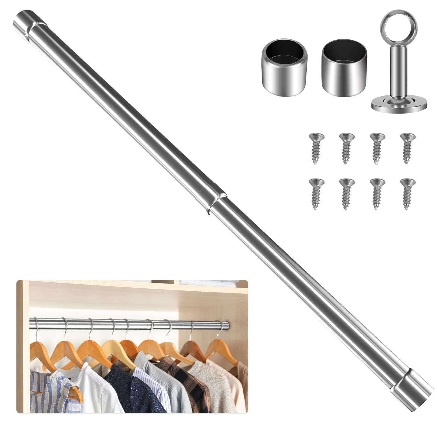 WAENLIR 87cm-160cm Extendable Stainless Steel Wardrobe Rail, Adjustable Clothes Rail Pole With End Sockets