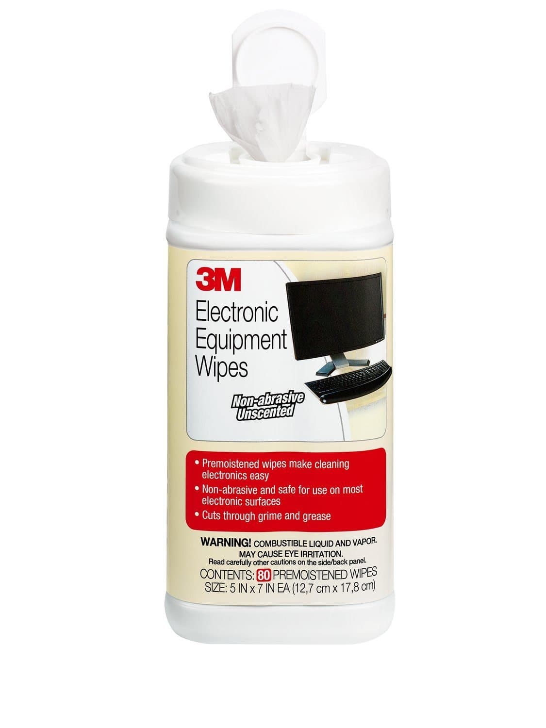 3M Electronic Equipment Cleaning Wipes, 1-Ply, 5.5 x 6.75, Unscented, White, 80/Canister