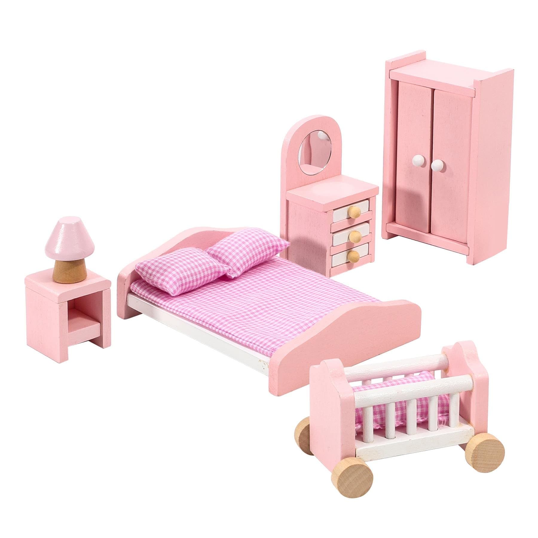 SOKA Wooden Pink Bedroom Playset Pretend Play Doll House Furniture Set Realistic Miniature Display Model Figures Bed Wardrobe Dressing Table Crib for Kids Children Girls Ages 3 year old +