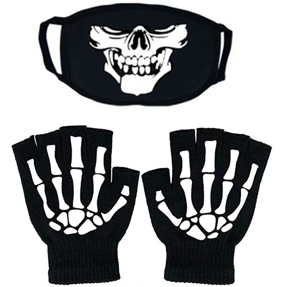 BOMJJORFingerless Skeleton Gloves and Skull Maskfor Kids Glow in Dark Unisex Hand Riding Knit Gloves Halloween Black