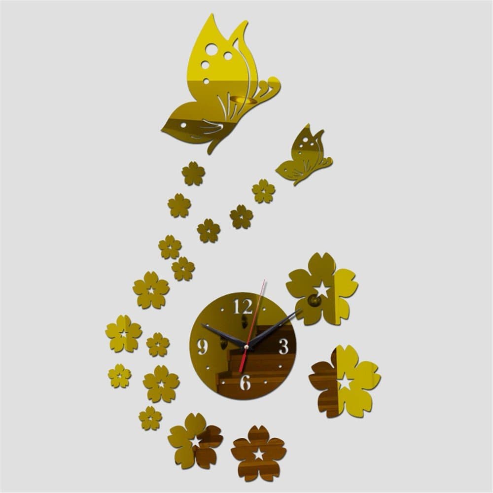 WHLGZ Mirror Hanging Acrylic Watch Diy Mute Clock 3D Stereo Clock Butterfly Stickers Golden Wall Clocks