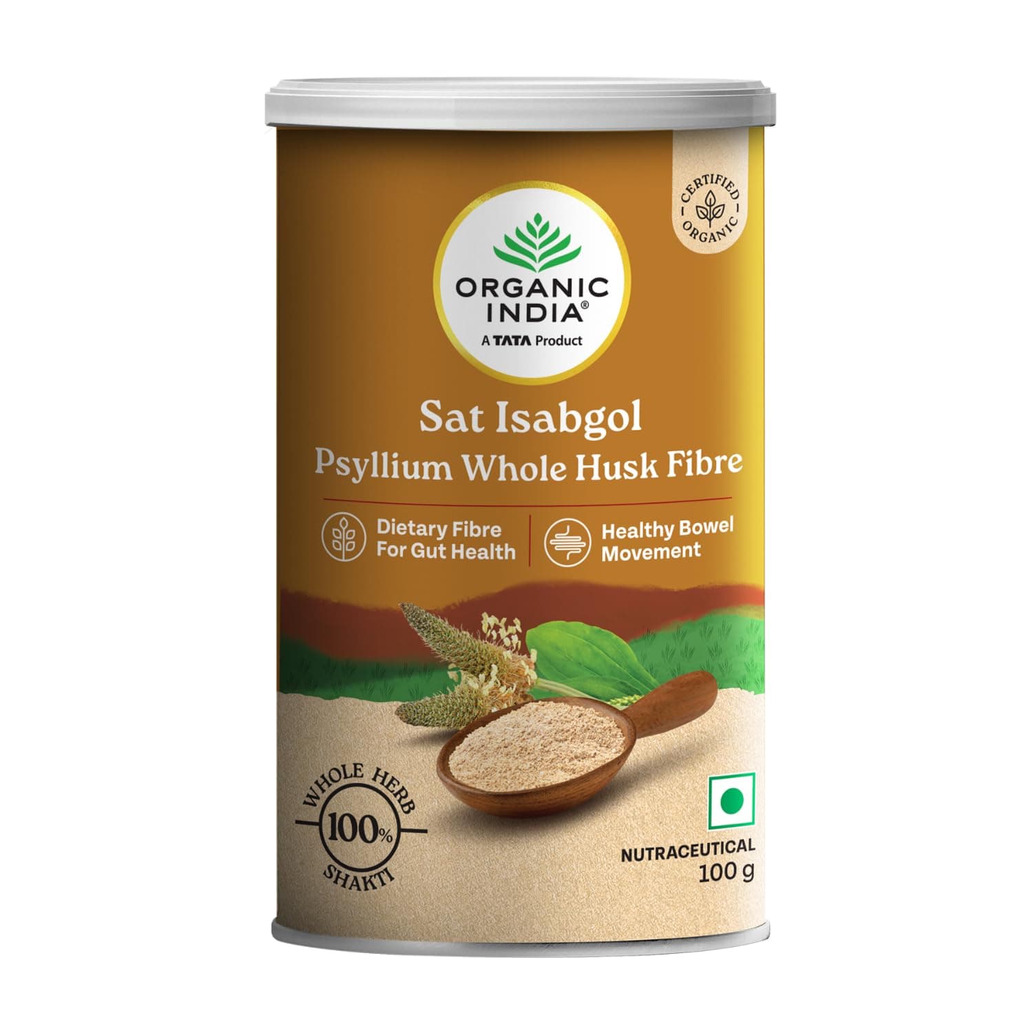 A TATA Product - Organic India Sat Isabgol Psyllium Whole Husk Powder - 100g, With Dietary Fiber, Supports Heart Health & Digestive System, Gluten Free, Non-GMO Project Verified, NPOP & USDA Certified