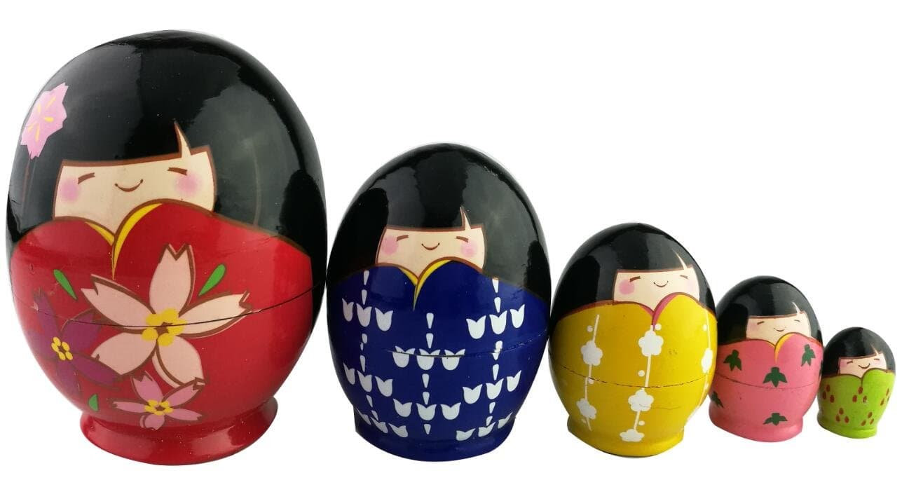 Winterworm Cute Japanese Little Girls Wear Kimono Pattern Egg Shape Handmade Wooden Russian Nesting Doll Matryoshka Kokeshi Set 5 Piece for Kids Toy Birthday Christmas Home Decoration
