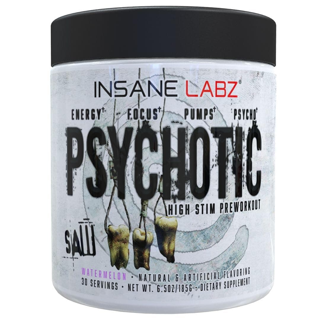 Insane Labz Psychotic SAW®, High Stim Pre Workout Powder with OxyGold­™ and AMPiberry®, Extreme Lasting Energy with Teacrine®, Focus with CognitIQ® and Endurance with Beta Alanine, 30 Srvgs,Watermelon