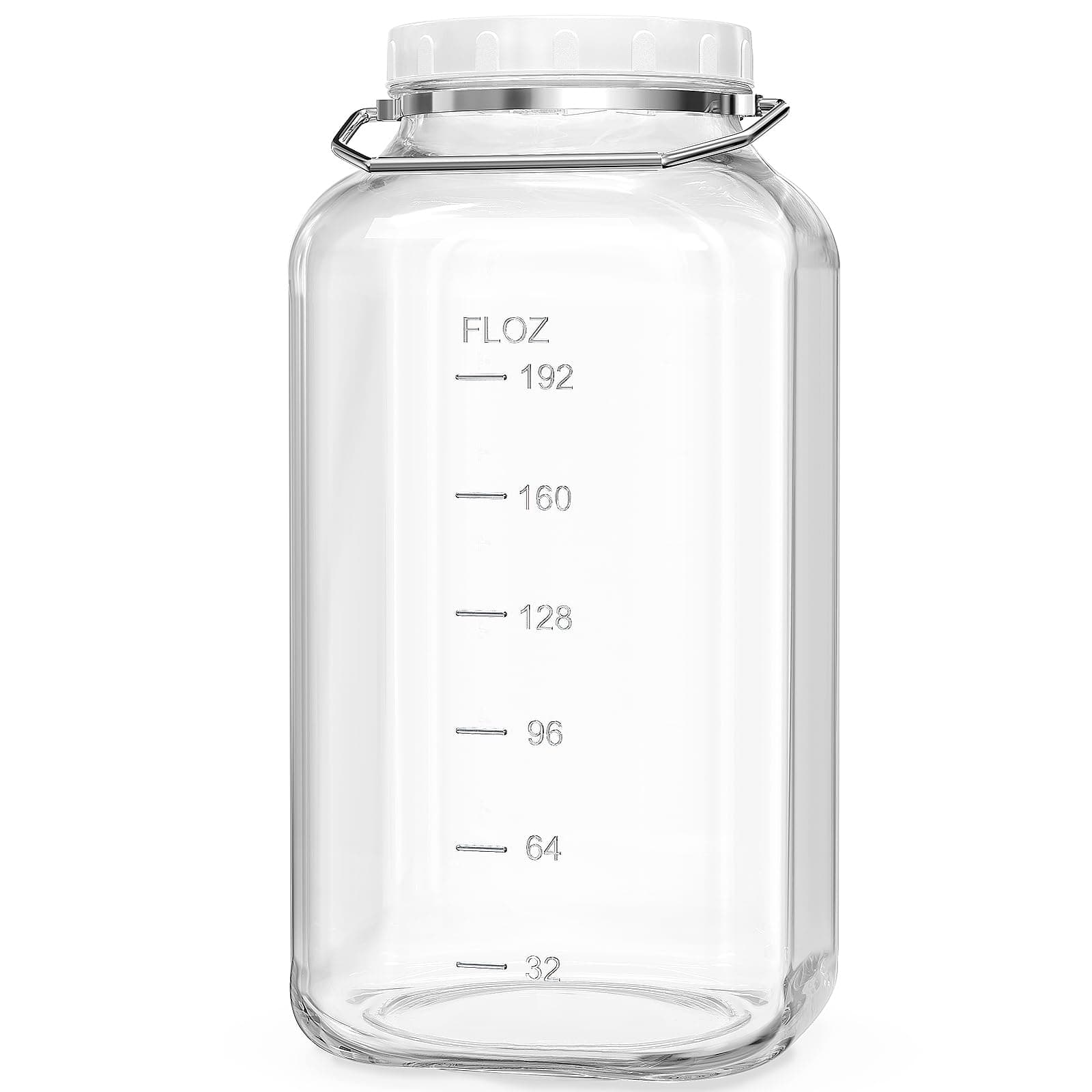 Folinstall 2 Gallon Large Glass Jar with Lid, Wide Mouth Storage Jars with Stainless Handle, Extra Big Glass Container with 2 Scale Mark for Storing Food, Kitchen Organization, 7400 ML/250 OZ