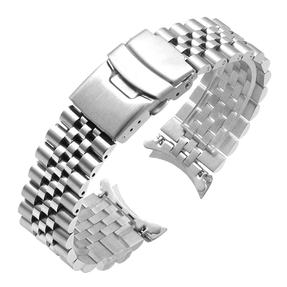 Juntan Stainless Steel Curved Ends Tapered 18mm 20mm 22mm 23mm 24mm Metal Watch Band Flexible Watch Strap Replacement Bracelet Deployment Double Flip Lock Buckle Silver Black