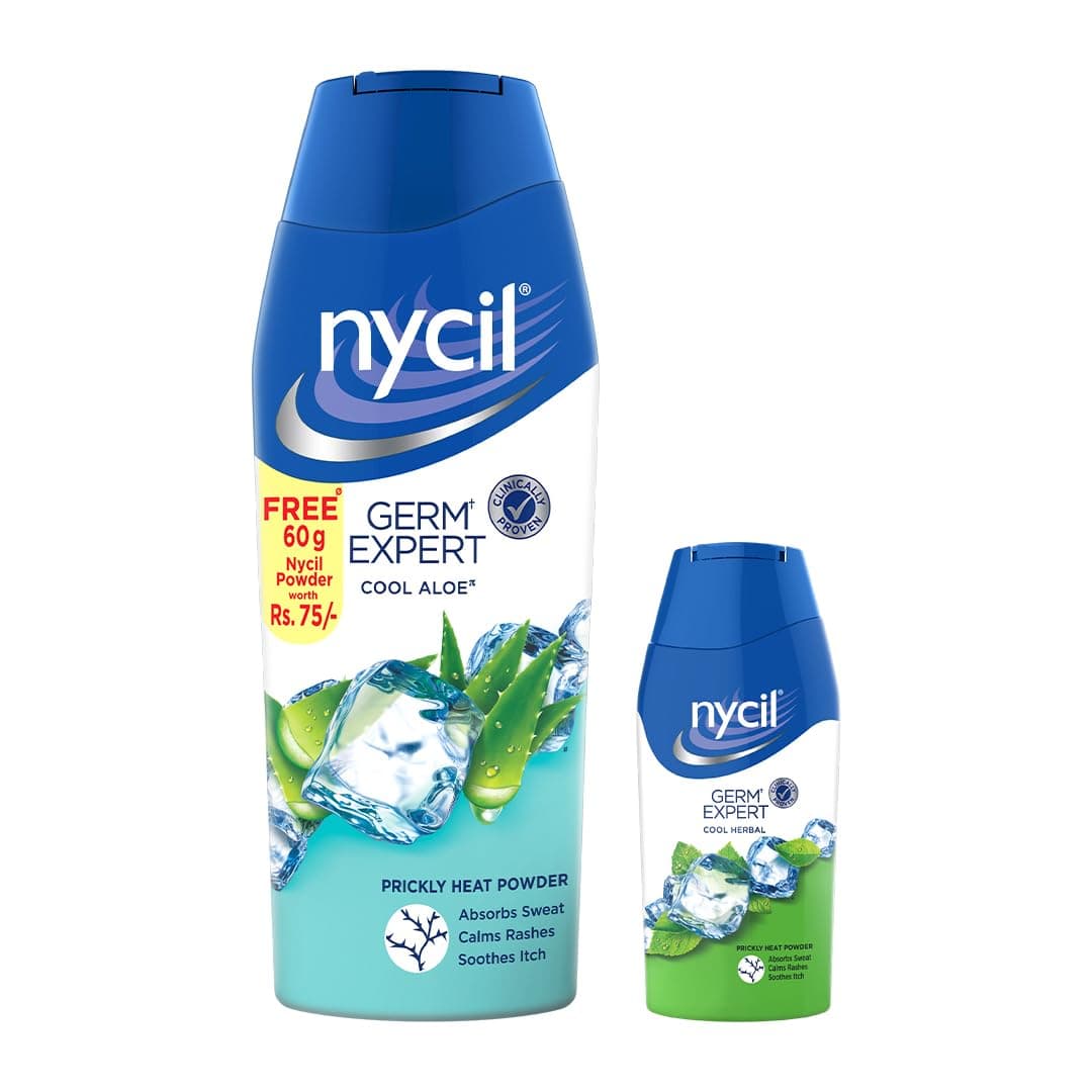 Nycil Germ Expert Prickly Heat Powder, Pack of 150gm+60gm, Assorted Fragrances (Cool Aloe)