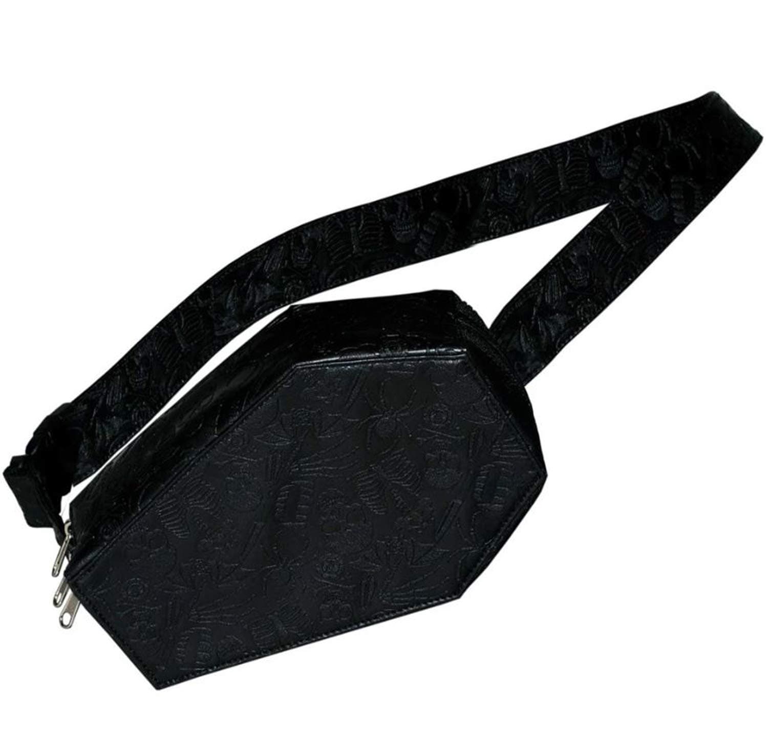 Coffin Hip Pouch! Vegan Leather Fanny Pack! Design With Spooky Embossed Graphics! Black Leather Waist Bag!