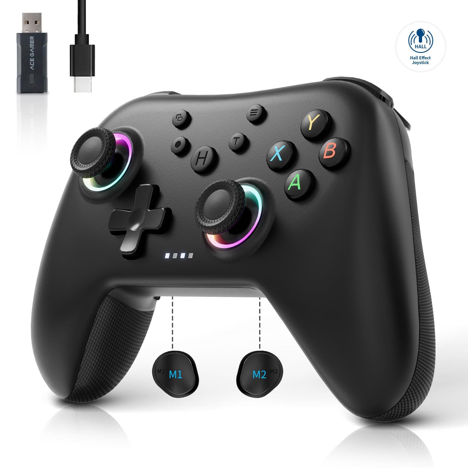 AceGamer Aurora Generation 2.4G Wireless Bluetooth Controller for Windows PC/Android/Switch/iOS/Steam Deck, Hall Joysticks and RGB Light- Upgraded PC Gaming Controller and Back Buttons Lock (Black)